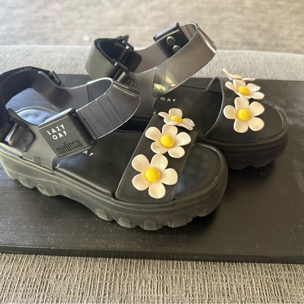 Lazy Oaf Kids Black Sandals with Daisy Accents